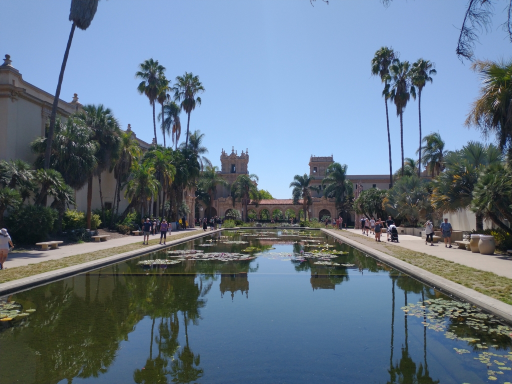 Looking across the lily pond outside the Balboa Park botanical building